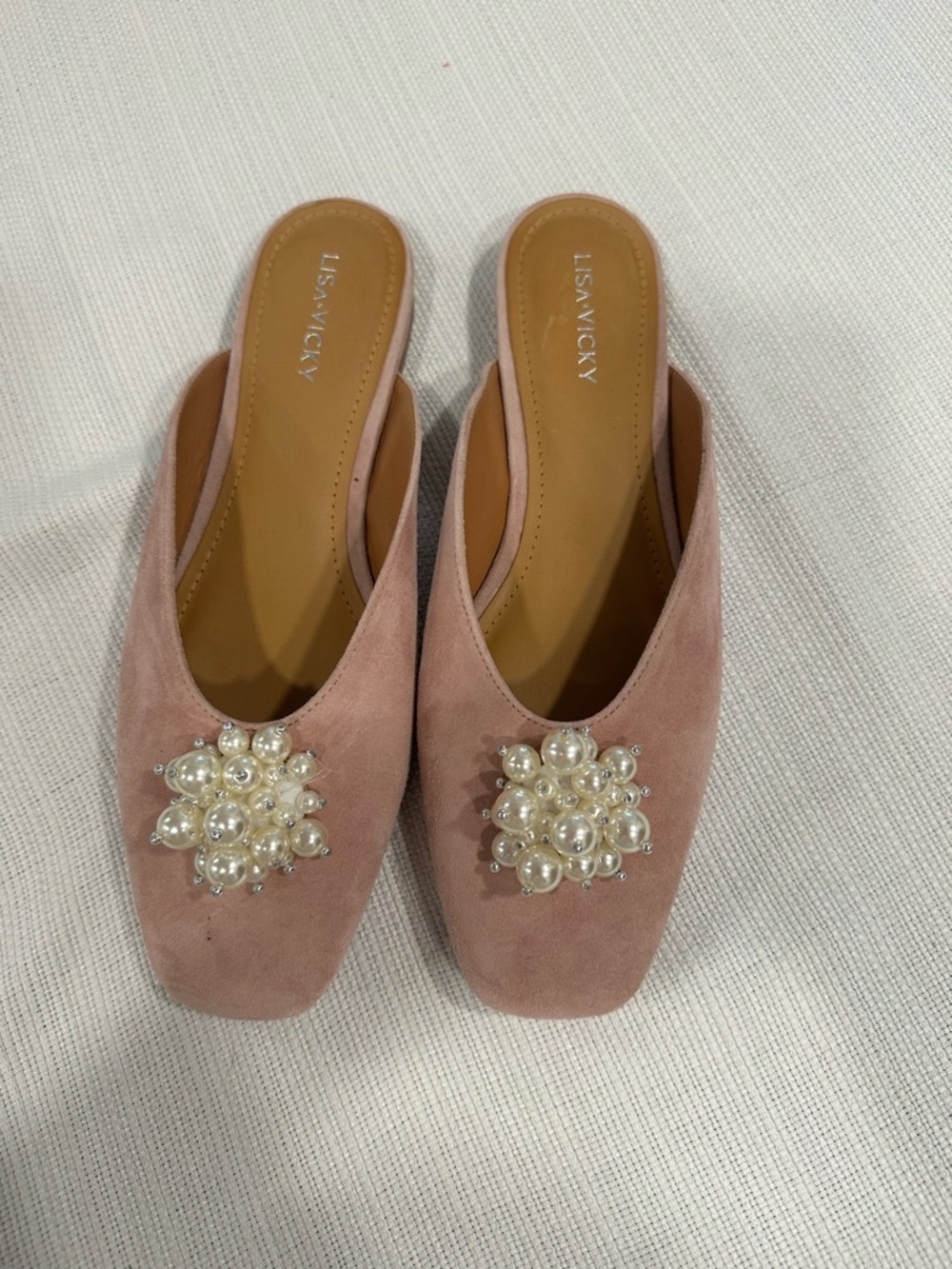 Lisa Vicky Pearl-Embellished Pink Suede Slip-On Mules